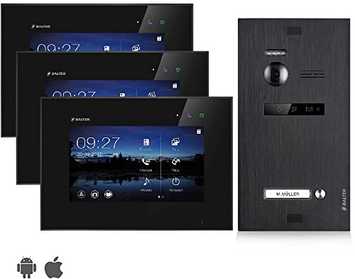 Balter EVO Video Türsprechanlage, Touchscreen, 3X 7 Zoll Monitor, Smartphone App, 2-Draht Bus, Türstation für 1 Familienhaus Türklingel, 150° Weitwinkel-Kamera, Schwarz