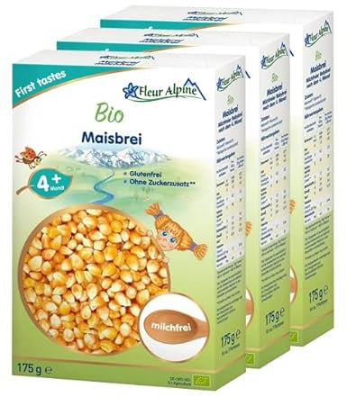FLEUR ALPINE Bio Babybrei Mais 3er Pack - Leckerer Frühstücksbrei | Nahrhaft und glutenfrei | einfache Zubereitung | Babynahrung 4+ Monate ohne Zuckerzusatz | 3x7 Portionen