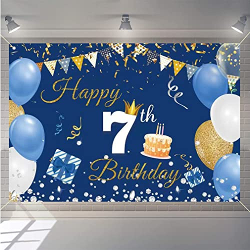 Cartel de tela de telón de fondo de feliz séptimo cumpleaños, decoración de fiesta para niño/niña, feliz de 7 años, fondo de fotografía azul, suministros de fiesta de séptimo cumpleaños, 150 cmx90 cm