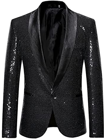 Chaqueta de traje de lentejuelas brillantes para hombre, con un botón, esmoquin para fiestas, bodas, banquetes, bailes de graduación, Negro#3, L