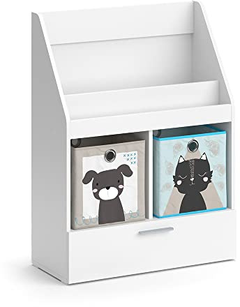 Vicco Kinderregal Luigi, Weiß, 72 x 96.2 cm mit Schublade und 2 Faltboxen Opt.3, zur Aufbewahrung von Spielzeug und Büchern geeignet