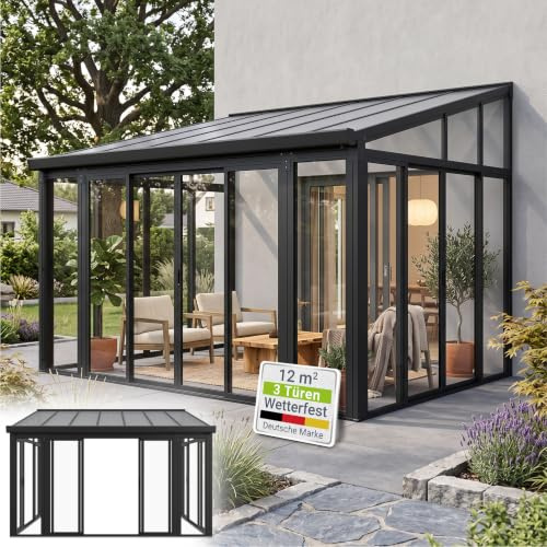 Juskys Wintergarten 12 m² - mit kristallklaren Wänden, Doppel-Schiebetüren & UV-Schutz - wasserdicht & winterfeste Überdachung aus Aluminium - Grau
