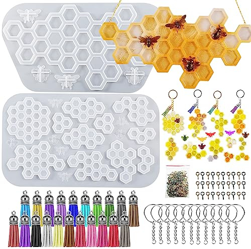 Attuslla Untersetzer Schmuck Silikonform Gießform Wabenform Resin Form Anhänger Resin Silikonform mit Schlüsselanhänger Quasten, Öse Schraubstifte für DIY Schlüsselanhänger, Untersetzer