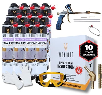 Vega Bond SF001 12-Packs with Gun, Premium Single Component, Self Expanding, Purplecoat Closed Cell Insulation Spray Foam, 29 oz w/ 5.66 R-Value, Acoustic Spray (240 Board Feet Coverage )