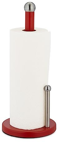 Relaxdays Küchenrollenhalter stehend, Küchenrollenständer Metall, Rollenhalter mit Abrollstop, HxD 35 x 15cm, rot-Silber