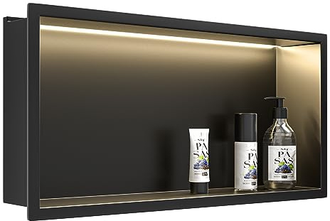 Bernkot Led Shower Niche 24 X 12 Matte Black 304 Stainless Steel with Lighting IP66 Waterproof No Tile Needed Shower Niches for Bathroom Storage Recessed Wall Niche Shower Led Driver Included