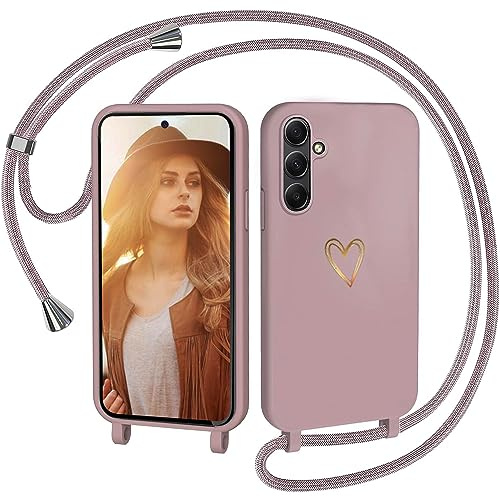 CaseLover Handyband für Samsung Galaxy A54 5G Hülle mit Band, Pink | Herz Muster, Silikon Necklace Handyhülle mit Abnehmbar Kordel zum Umhängen, Stossfest Bumper Handy Schutzhülle Case