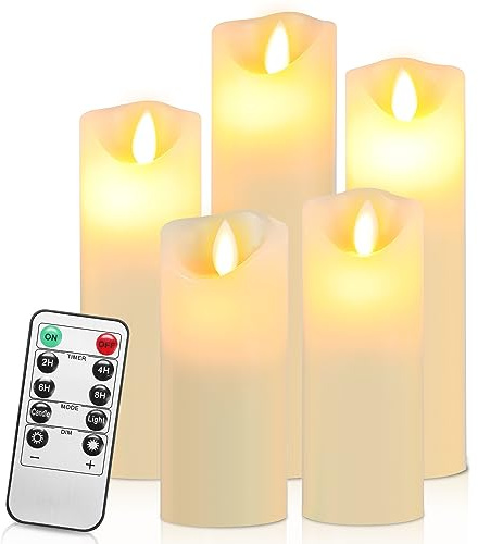 Randaco Led Kerzen Mit Timerfunktion | Flackernde Echtwachs Mit 10-Tasten Fernbedienung | 5er Set 13/14/16/18/20CM Flammenlose-Kerzen (Elfenbein)