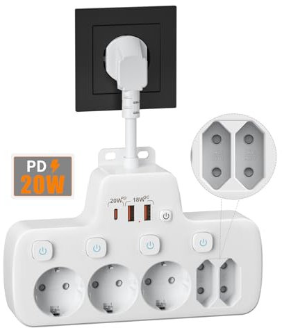 Ciabatta Multipresa con USB C,Presa Multipla Salvaspazio con Interruttori Indipendenti,PD20W e QC18W Ricarica Rapida Elettrica Multipresa Protezione Sovratensione Multi Plug 5 Schuko da Parete,Bianco