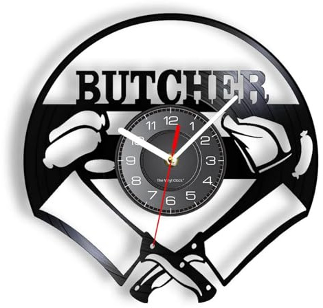 EVANEM Pendule Murale de 30CM Boucher Vinyle Horloge Murale Cuisine Couteau Poulet Saucisse Gravée Vintage Wall Watch Cadeau Viandes Porc Stall Décor