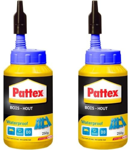 Pattex Bois Hout Waterproof, Biberon de colle à bois résistante, Colle vinylique pour montage, assemblage, placage ou contrecollage en milieu humide et chaud, 250 g (Lot de 2)
