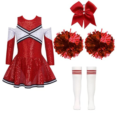 inhzoy Costume Cheer-Leader Bambina con Pompon Vestito Carnevale Cheerleading Monospalla Uniforme da Cheer-Leader con Copricapo Calzini Pom Pom Costume Cheer-Leader A Rosso 9-10 anni