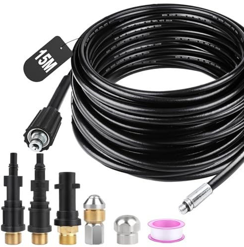 SWAWIS 15M Sonda Sturatubi 180bar Sonda Sturatubi per Idropulitrice Tubo Idropulitrice con Ugelli Rigidi + Rotanti, incl. 3 Adattatori per Bosch Kärcher K2 - K7 Lavor Parkside Idropulitrice