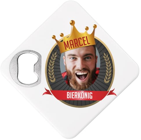 Herz & Heim® Bierdeckel-Flaschenöffner König mit eigenem Foto und 2 Zeilen Wunschtext