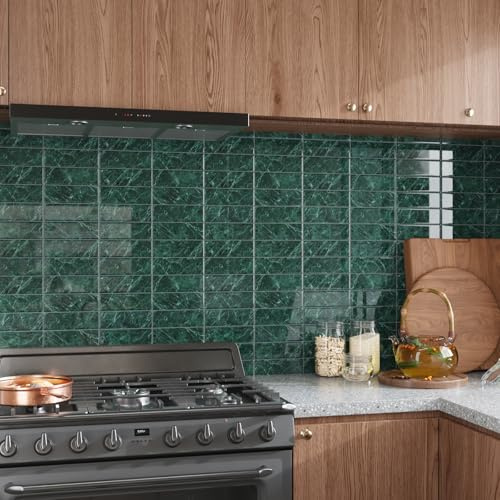 CRE8TIVE Azulejos Adhesivos Verde Oscuro Impermeable Baldosas Adhesivas Pared Efecto Marmol Vintage Azulejos Adhesivos Cocina Cenefa Adhesiva Baño Chimenea Salpicadero Cocina 4 Piezas 30.5cm x 30.5cm