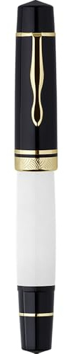 erofa Majohn P139 - Penna stilografica con resina a pistone, punta media con scatola, sistema a pistone in ottone, penna da scrittura ad alta capacità, colore nero e bianco