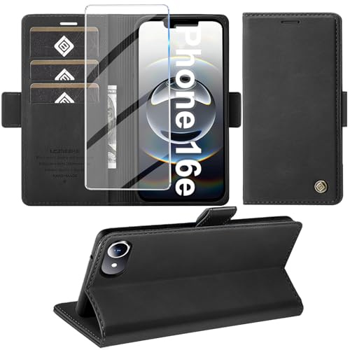 Giyer Handyhülle für iPhone 16e/17e Hülle mit Schutzfolie, Kartenfach Wallet Klapphülle Premium Leder Standfunktion Schutzhülle für iPhone 16e/17e 2025 Flip Case Cover Tasche (Schwarz)