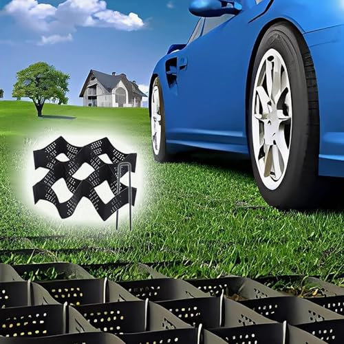 Kiesgitter Kiesmatten Kieswaben Bodengitter Für Einfahrt-Parkplätze, Geo-Gitter Für Stützmauerverstärkung/Kiesweg/Hof – Schlammkontrollgitter-Set Mit Abflussloch Und 20 Bodenankern(5m x 5m (16.5ft x 1