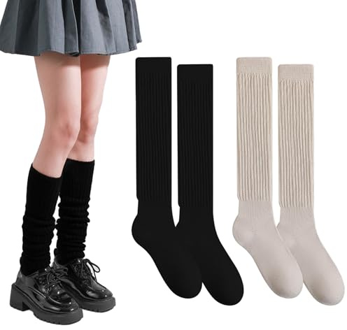 ATSNOSH 2 Paia Calzini Sopra Ginocchio Donna, Tinta Unita Alta Caviglia Calze, Gambaletti Termici in Pile, Calze Lunghe per Stivali (IT, Testo, Taglia unica, Regular, Regular, Nero + Beige)