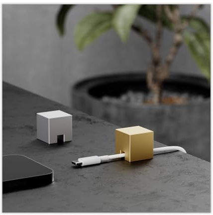 (2 PCS - Gold & Silver) Metal Cable Holder, Weighted Cord Organiser or Management, Heavy Wire Keeper for Bedside Table, Nightstand, Desk - N2U Cube Cables Strap for USB-C, Lightning Charger Cords