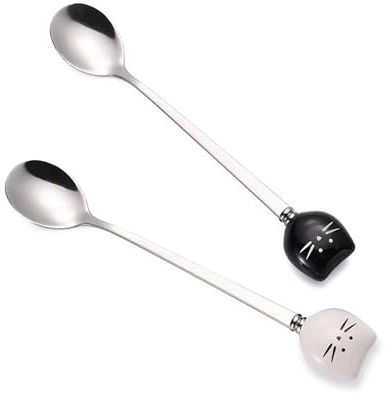 Cute Cat-Shaped Coffee Spoon Set - Black and White Cat Design Stainless Steel Tea Spoons for Kitchen Utensils