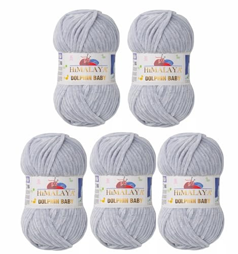 5 x Himalaya Dolphin Baby Wolle Garn Baumwolle Strickwolle zum Stricken häkeln super Bulky Chenille Garn Wolle Strickgarn 100g 120m Polyester Elomnia (5x-A1-80325 Hellgrau)