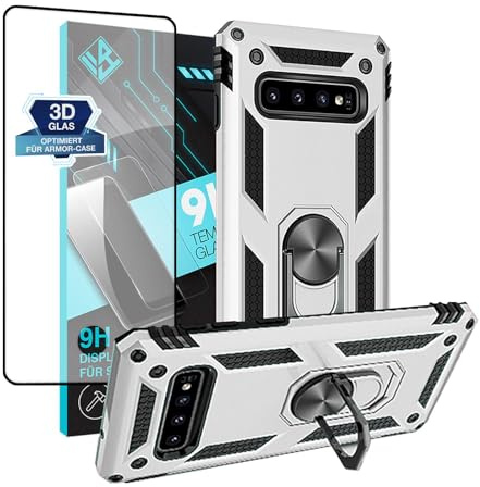 LBH Outdoor Hülle für Samsung Galaxy S10+ mit Displayglas Armor Militär Stoßfest Handyhülle 360 Grad Metal Ring Halter Ständer Schutzhülle für Handyhalterung Auto Magnet Silber