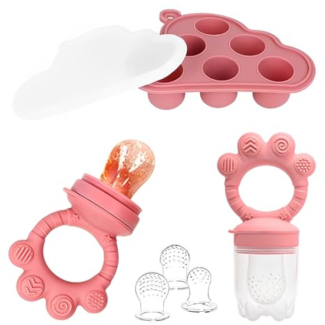 ORAGKE Ciuccio Frutta Neonati con 3 Tettarelle Silicone senza BPA (G/M/P), Ciuccio per Frutta Neonati e Contenitore per Congelare per Alimenti Bambini, Innovativo Massaggiagengive Neonato (Rosa)