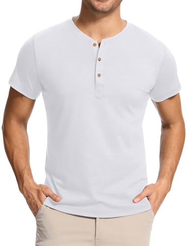 WUWUSKY Maglia Henley Uomo Manica Corta, T-Shirt Casual in Cotone Elasticizzato Tinta Unita con 3 Bottoni, Ideale per Lavoro Tempo Libero Palestra, Bianco, XL