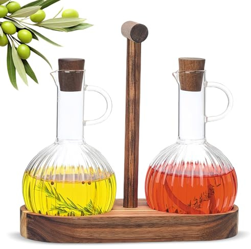 HARLIANGXY Lot de 2 bouteilles de vinaigre et d'huile avec support en bois, 300 ml, anti-gouttes, bouteille d'huile d'olive, distributeur de vinaigre en verre, récipient d'huile alimentaire, réservoir