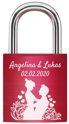 Liebesschloss mit Gravur + 2 Schlüssel - Rot - frei gestaltbar mit vielen Farben, Pärchenmotiven & Schriften - Jahrestag-Geschenk für Paare Partner - graviertes Liebes Schloss