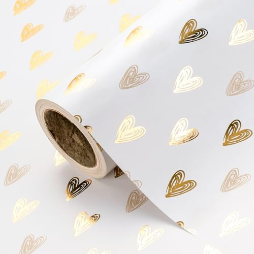 RUSPEPA Rouleau De Papier Cadeau Cœur - Mini Rouleau - 43,2 Cm X 5 M - Motif Cœur Doré Pour La Saint-Valentin, Un Mariage, Un Enterrement De Vie De Jeune Fille, Un Anniversaire Ou Une Baby Shower