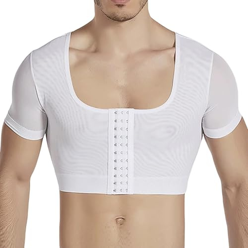 Generisch Shapewear Corset en nylon pour homme avec boutonnière sur le devant, manches courtes, respirant, gainant, moulant, débardeur à manches longues, Blanc., XXL