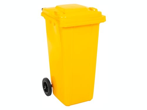The Workplace Depot Yellow Wheelie Bin – 120L Plastic Waste Bin with Galvanised Steel Axle & Solid Rubber Wheels, Lightweight & Weather-Resistant for Office, Garage, Workshop & Garden