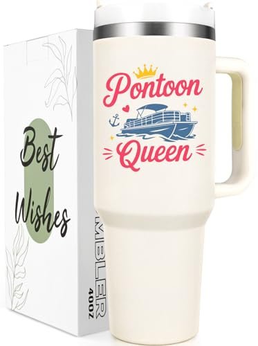 Gtmileo Pontoon Boat Gifts, Pontoon Queen Insulated Coffee Mug, Christmas Birthday Holiday Gift for Pontoon Owner Boat Lover Women (40-Oz, Beige)