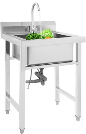 Fregadero independiente de 60 x 60 x 90 cm, fregadero de acero inoxidable comercial, fregadero de cocina con grifo, 1 lavabo, fregadero con soporte de tubo cuadrado para garaje, restaurante
