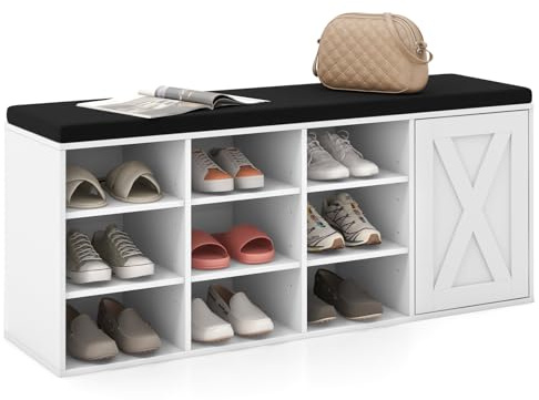 GIANETX Banco Zapatero Recibidor, Mueble para Zapatos con Cojín Acolchado Extraíble, Estantes Ajustables y Desmontables, Armario con Puerta, Organizador para Pasillo, Entrada, 110,5x30x49cm (Blanco)