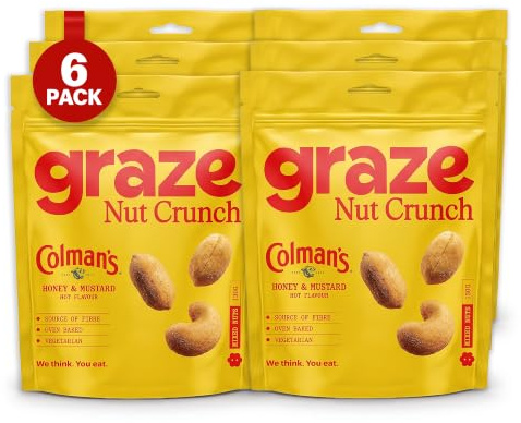 Graze Colman's Honey & Mustard Flavoured mixed nuts free from artificial colours and preservatives Peanuts & Cashews source of fibre 6x 130 g | Vegetarian Friendly, Source of Protein & Fibre Nut Snacks, Peanuts & Cashews, Oven Baked Mixed Nuts, No Artificial Colours