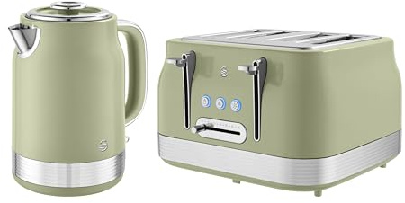 Swan Retro Kitchen Set, 1.7L Rapid Boil Jug Kettle with 360 Degree Base and 4 Slice Toaster with 7 Browning Levels, 1860W, Green, SK19025GRN & ST19029GRN