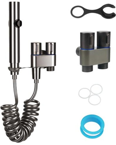Bidet Attachment for Toilet UK Kit,1-In-2-Out Dual Control Valve Bidet Sprayer Set,Black Handheld Muslim Shower for Toilet with Hose Swivel Bracket for Feminine Wash,Pet,Cloth,Washing Machine,Bathtub