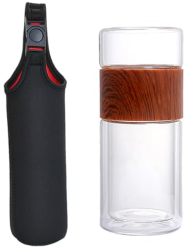 Luxshiny Bottiglia da Tè in Vetro a Doppia Parete 360 Ml Infusore e Custodia in Legno, Tazza per Separazione Acqua e Tè, Isolamento Termico Antiscottatura per Picnic, Viaggi e Attività