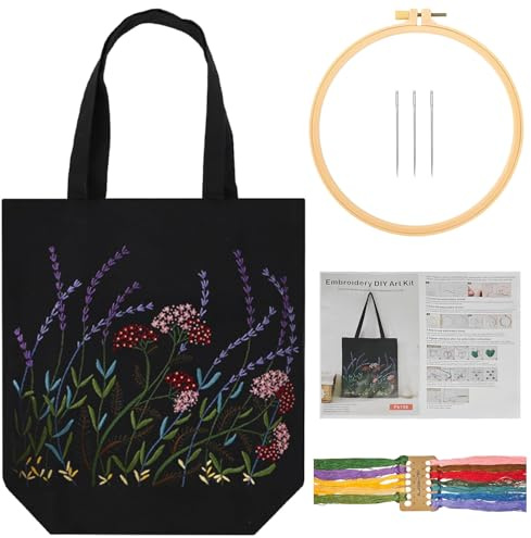 YOUNGSAY Stickset Tasche, Stickset Tasche Sommerblumen mit Stickrahmen, Fäden, Nadeln und Anleitung, DIY Stickset für Anfänger Kreuzstich Tasches
