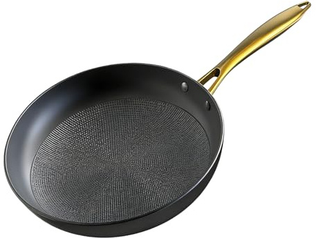 Miyacare 26cm Non-Stick Cast Iron Frying Pan with Gold Metal Handle, Large Skillet for Induction and Gas Hob, Heavy Duty Cooking Pan for Pancakes, Steak and Everyday Frying