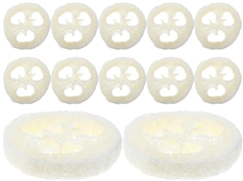 CALLARON 12 Piezas Estropajo Natural de Luffa Beige con Superficie de Secado Rápido y Exfoliación, Jabonera Redonda Adecuado para Baño y Ducha