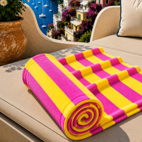PETTI Artigiani Italiani - Serviette de Plage en Microfibre, Serviette de Plage ou de Piscine, Serviette de Bain de Plage, Grande Taille 90 x 180 cm, Rayures Jaune Fuchsia