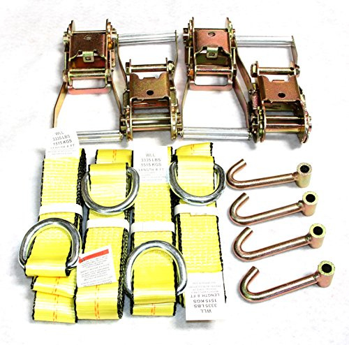 GRIPON (Pack of 4) 2 x8' Lasso Strap with 2 Ratchet and J Finger Hook Tie Dow