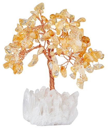 mookaitedecor Natural Citrine Crystal Money Tree, Gemstone Feng Shui Ornaments Bonsai Tree of Life Figurines for Wealth Luck Abundance, White Rock Quartz Crystal Stone Cluster Base