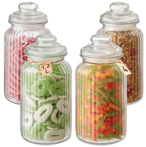 Praknu Barattolo per Caramelle in Vetro – Set 4 x 1,2L – Con Coperchio ed Etichette – Stile Vintage – Per Feste, Matrimonio e Cucina – Lavabile in Lavastoviglie – Per Dolci e Biscotti