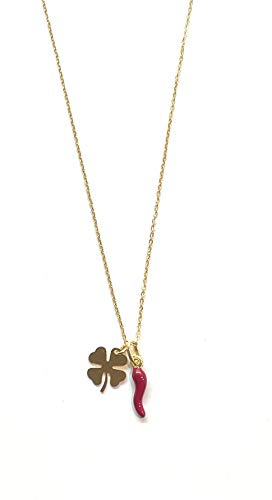 Moda Mavilla collana donna in acciaio con corno portafortuna e ciondolo quadrifoglio.Made in Italy. emozionale - frasi, pensieri, parole con charms - ciondolo pendente - misura regolabile