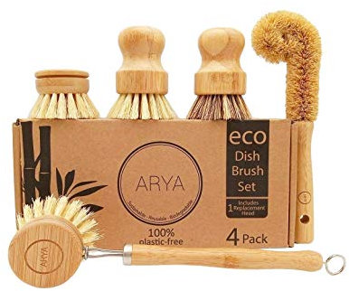 ARYA. | Eco Dish Brush Set | 4 Kitchen Washing Up Brushes & One Replacement Head | Bamboo & Natural Fibers | Eco Friendly Wooden Pot Brush Scourer Scrubber Sponge Alternative